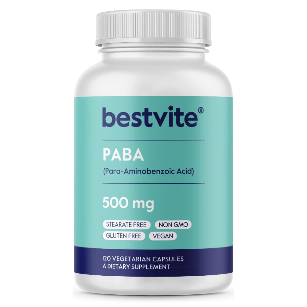 BESTVITE PABA 500mg - 120 Vegetarian Capsules | No Stearates, Vegan, Non-GMO, Gluten Free | Para-Aminobenzoic Acid