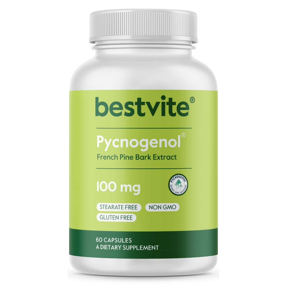 BESTVITE Pycnogenol 100mg (60 Capsules) – French Maritime Pine Bark Extract – Gluten Free, Non-GMO, No Stearates