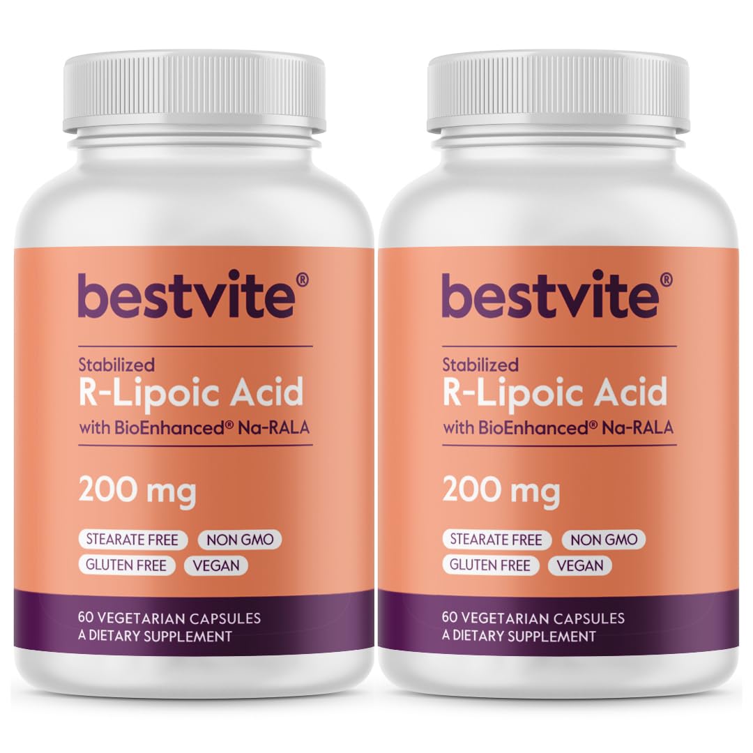BESTVITE R-Lipoic Acid 200mg Stabilized with Bio-Enhanced Na-RLA (120 Vegetarian Capsules)(60x2) - No Stearates - No Fillers - Vegan - Gluten Free - Non GMO