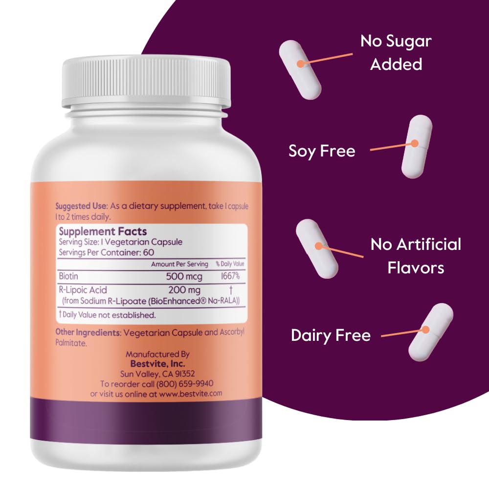 BESTVITE R-Lipoic Acid 200mg Stabilized with Bio-Enhanced Na-RLA (120 Vegetarian Capsules)(60x2) - No Stearates - No Fillers - Vegan - Gluten Free - Non GMO