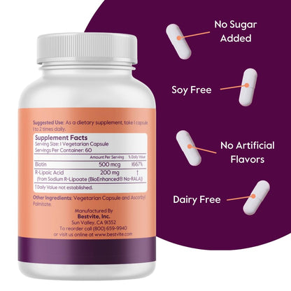 BESTVITE R-Lipoic Acid 200mg Stabilized with Bio-Enhanced Na-RLA (120 Vegetarian Capsules)(60x2) - No Stearates - No Fillers - Vegan - Gluten Free - Non GMO