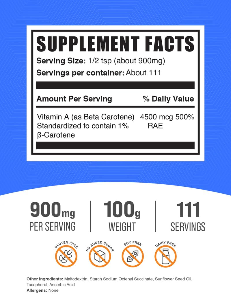 BulkSupplements Beta Carotene Powder - Vitamin A Support for Immune & Vision Health | Gluten Free, 900 mg per Serving, 100 g (Pack of 1)