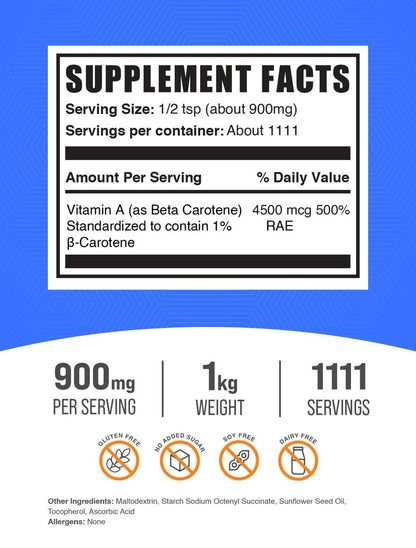BulkSupplements Beta Carotene Powder – Vitamin A for Immune & Vision Support | Gluten Free, 900 mg/Serving, 1kg
