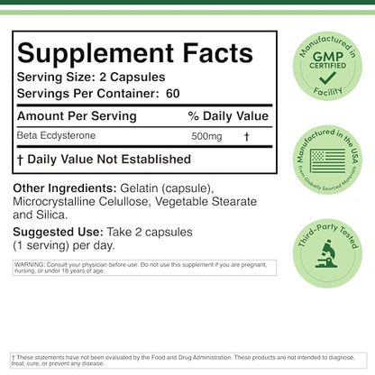 Double Wood Beta Ecdysterone Supplement - 500mg per Serving, 60 Servings, Non-GMO & Gluten Free