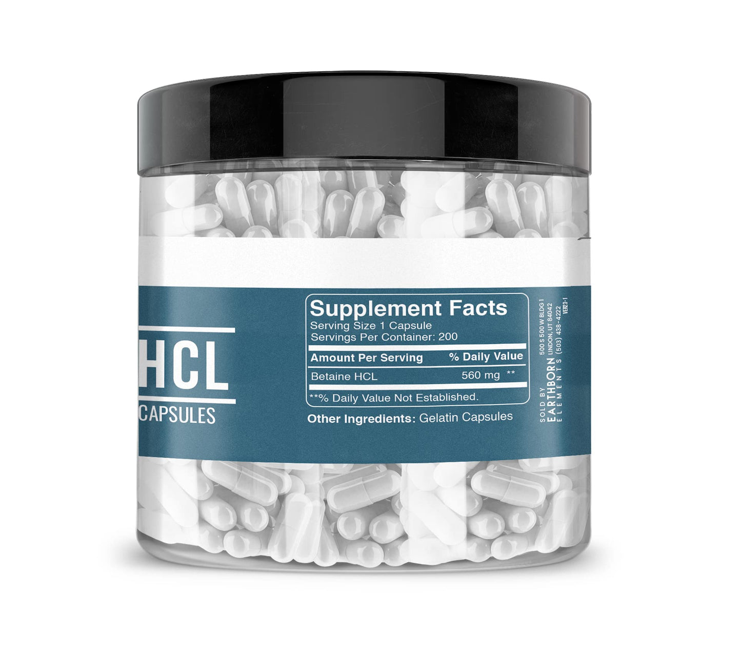 Earthborn Elements Betaine HCl – 200 Capsules | Lab-Tested, No Fillers