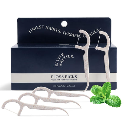 Better & Better Floss Picks (Box of 200) - Vegan, Gluten-Free, BPA-Free | Biodegradable Plant-Based Handles