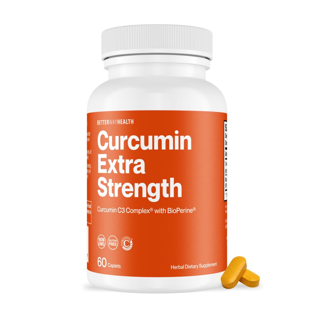 Better Way Health Curcumin Extra Strength 1000mg - Turmeric Curcumin C3 Complex + BioPerine Black Pepper for Joint & Immune Health - 60 Caplets