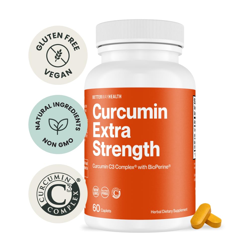 Better Way Health Curcumin Extra Strength 1000mg - Turmeric Curcumin C3 Complex + BioPerine Black Pepper for Joint & Immune Health - 60 Caplets