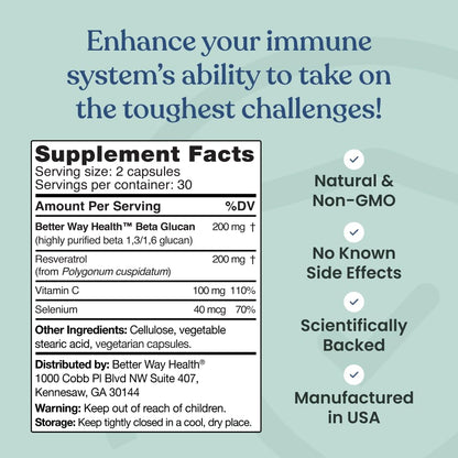 Better Way Health Advanced Immune Readiness – Beta Glucan with Vitamin C, Selenium & Resveratrol | 60 Capsules