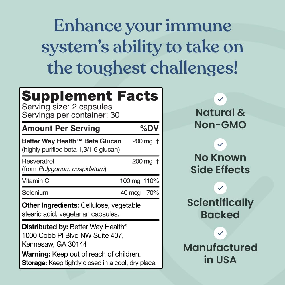 Better Way Health Advanced Immune Readiness – Beta Glucan with Vitamin C, Selenium & Resveratrol | 60 Capsules