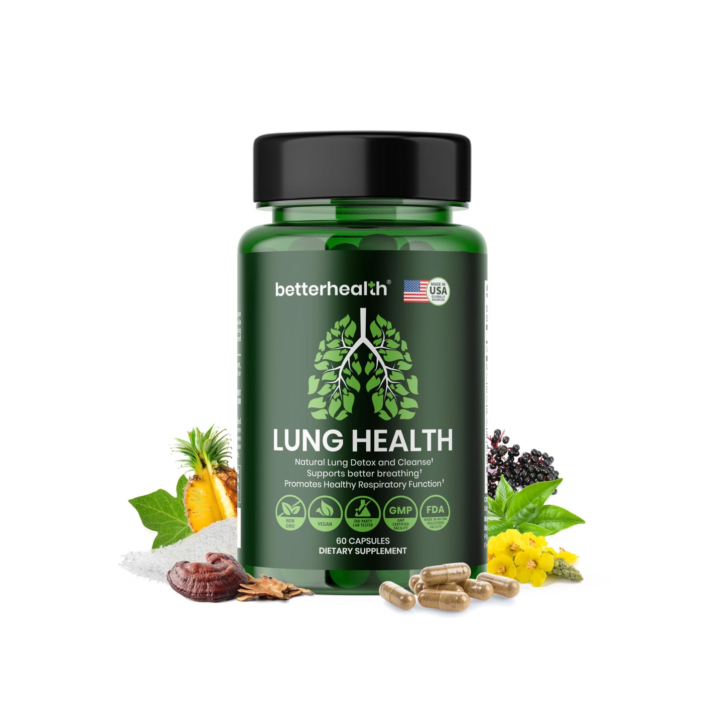 BetterHealth Lung Health Daily – Mullein Leaf, Vitamin D3, Elderberry | Respiratory Support (60 Capsules)