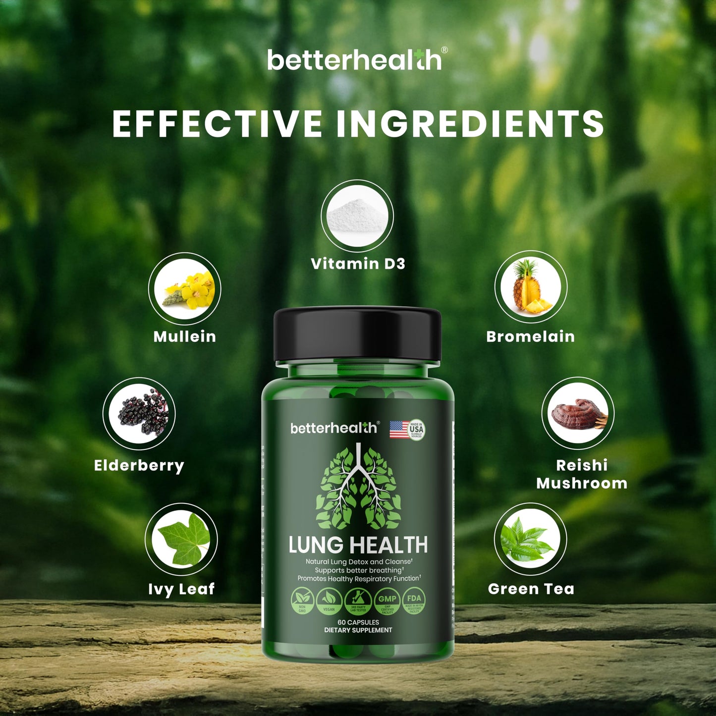 BetterHealth Lung Health Daily – Mullein Leaf, Vitamin D3, Elderberry | Respiratory Support (60 Capsules)