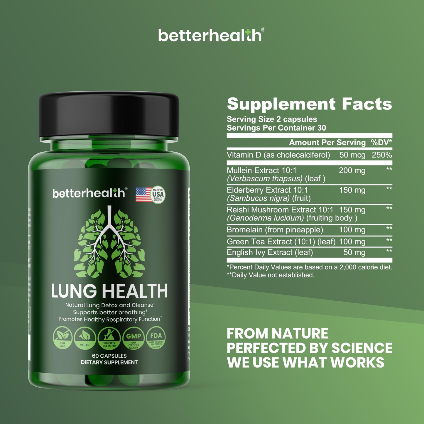 BetterHealth Lung Health Daily – Mullein Leaf, Vitamin D3, Elderberry | Respiratory Support (60 Capsules)