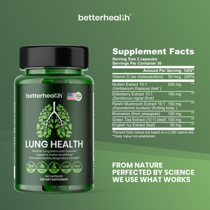BetterHealth Lung Health Daily – Mullein Leaf, Vitamin D3, Elderberry | Respiratory Support (60 Capsules)