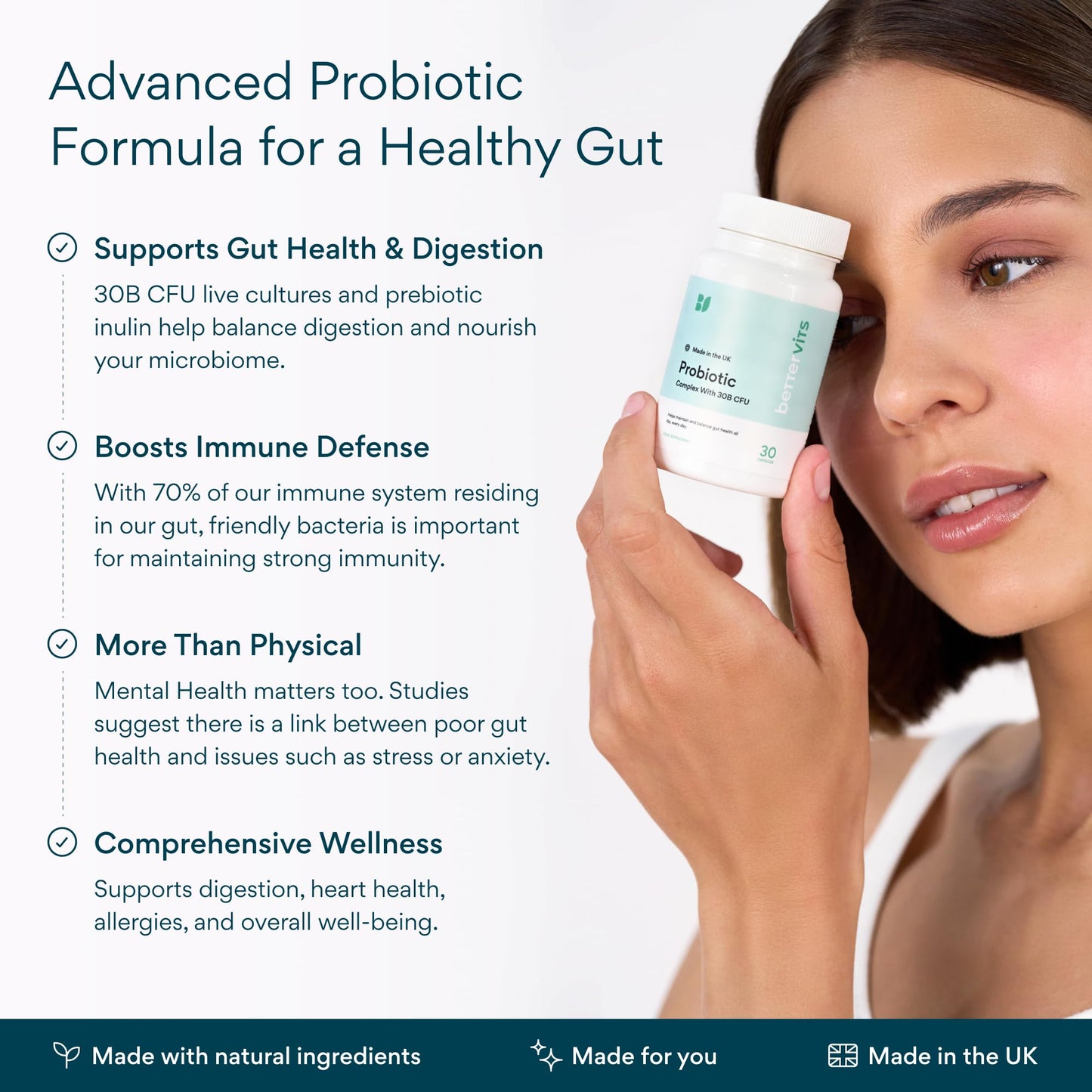 Bettervits Probiotics – 75B CFU, 12 Strains, Inulin Prebiotic | 30 Vegan Capsules