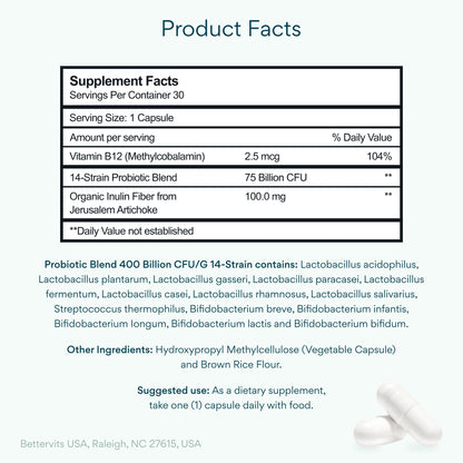 Bettervits Probiotics – 75B CFU, 12 Strains, Inulin Prebiotic | 30 Vegan Capsules