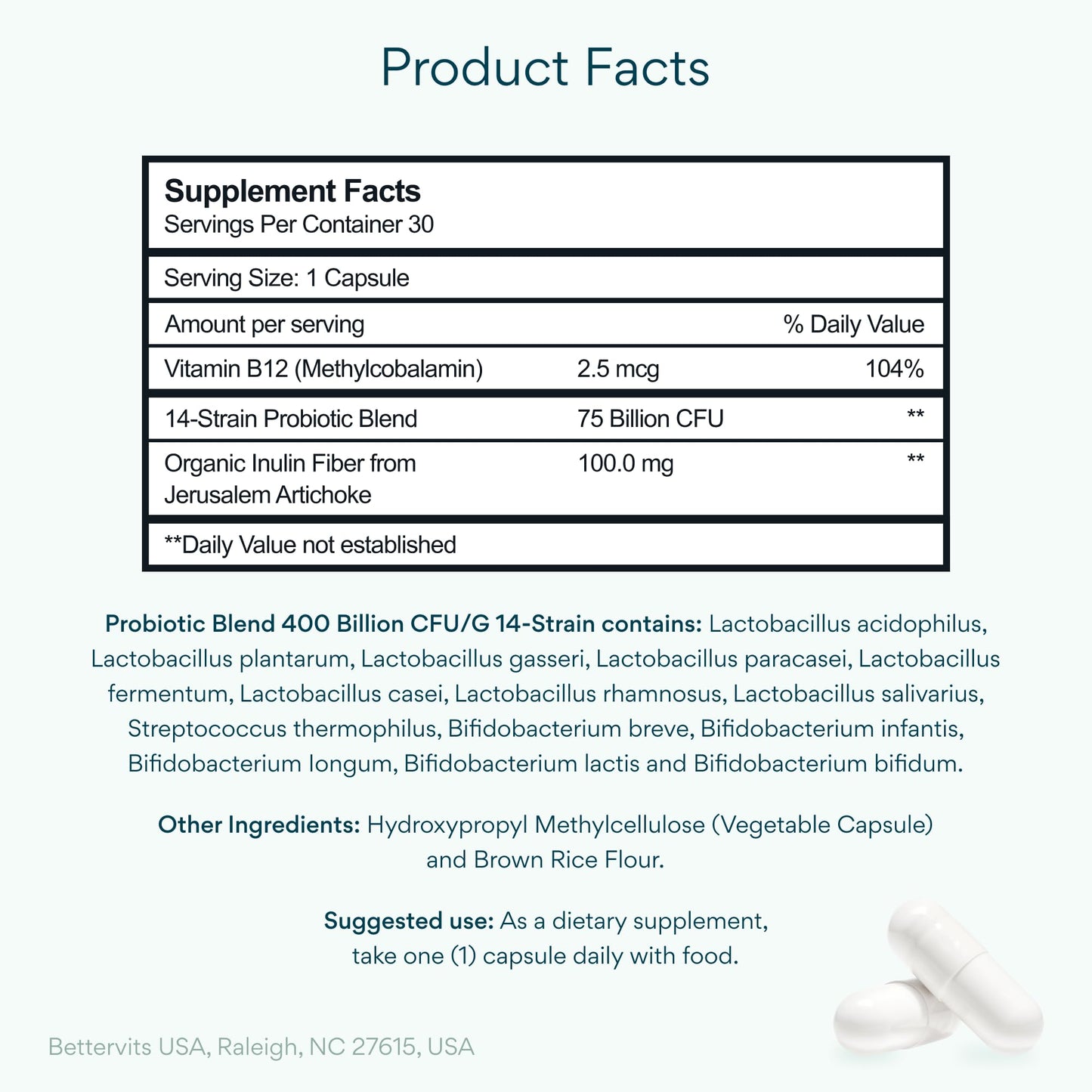 Bettervits Probiotics – 75B CFU, 12 Strains, Inulin Prebiotic | 30 Vegan Capsules