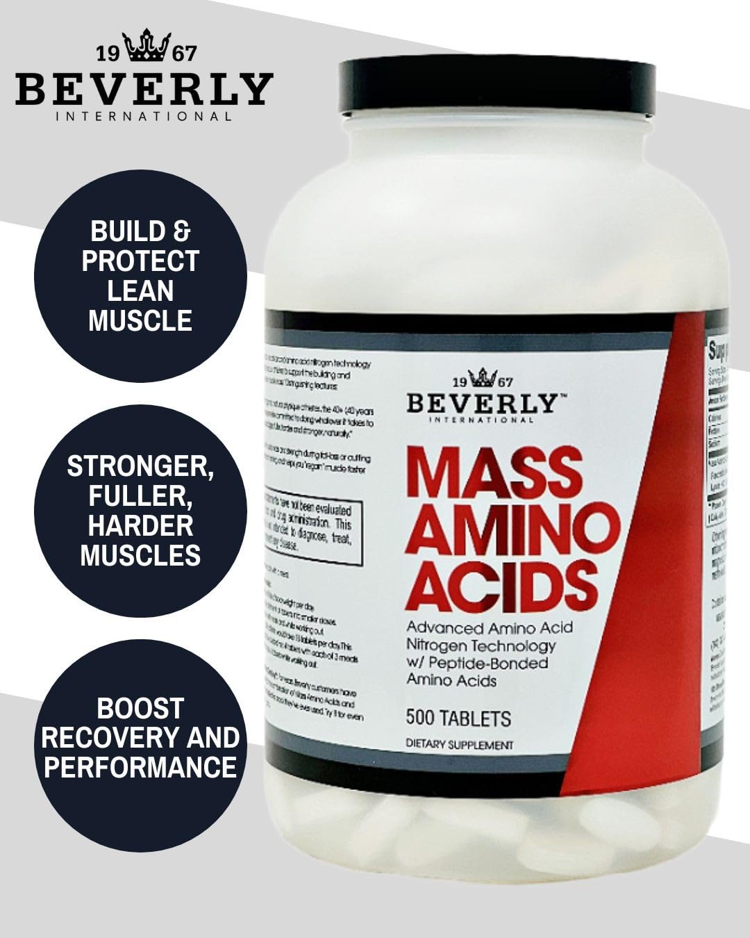 Beverly International Mass Amino Acids, 500 Tabs – Pre- & Post-Workout Support for Muscle Recovery & Repair | Complete Amino Acid Profile