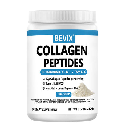 BEVIX Collagen Peptides Powder Advanced I-X – Hydrolyzed Collagen, Vitamin C, Hyaluronic Acid | 8.82oz Unflavored