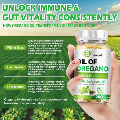 BEWORD Oil of Oregano 840 Softgels – 2-in-1 Oregano & Black Seed Oil for Immune & Antioxidant Support | Plant-Based, Non-GMO | 3-Pack