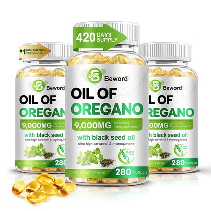 BEWORD Oil of Oregano 840 Softgels – 2-in-1 Oregano & Black Seed Oil for Immune & Antioxidant Support | Plant-Based, Non-GMO | 3-Pack