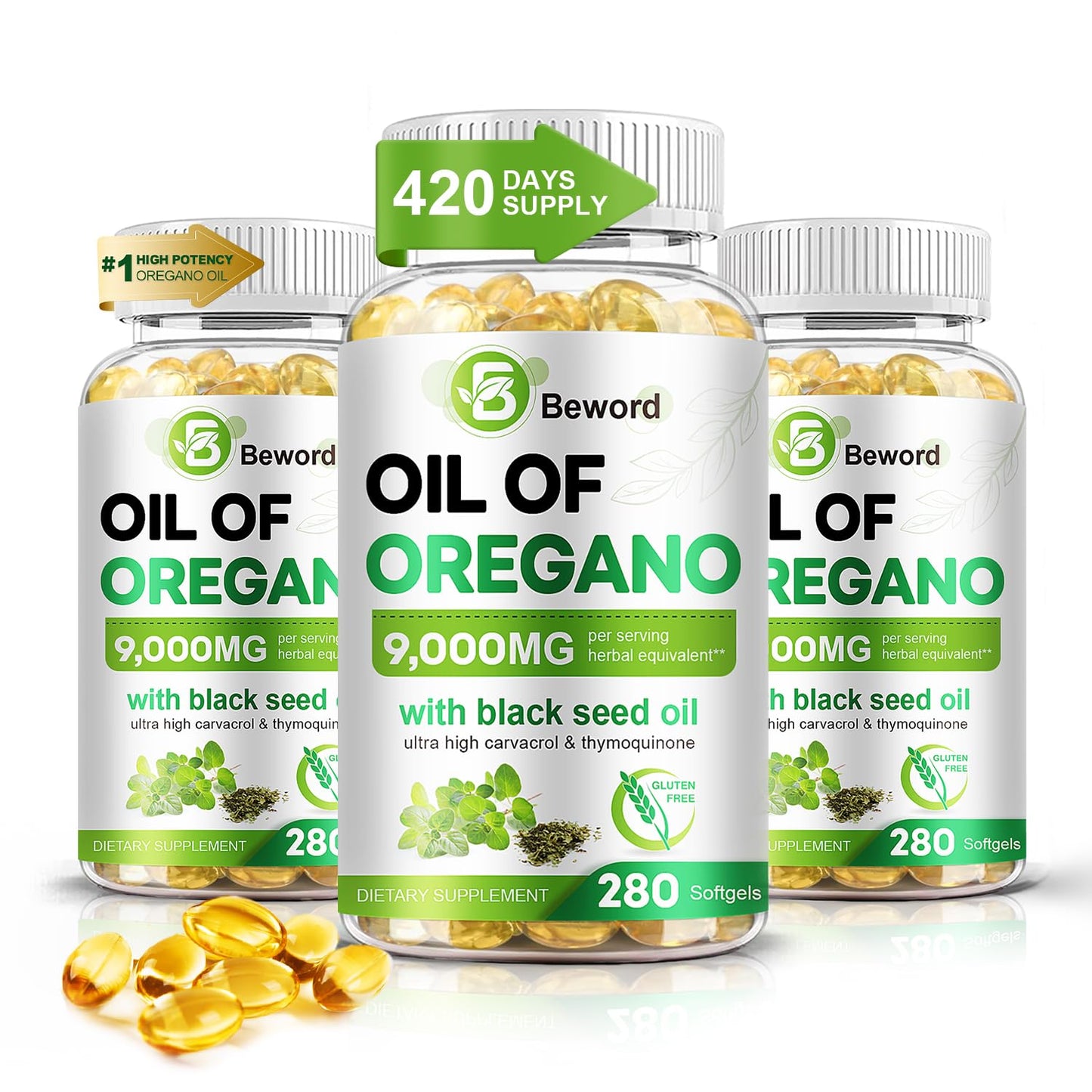 BEWORD Oil of Oregano 840 Softgels – 2-in-1 Oregano & Black Seed Oil for Immune & Antioxidant Support | Plant-Based, Non-GMO | 3-Pack