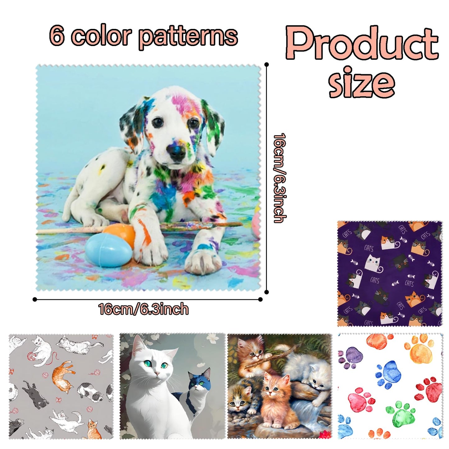 BHAHB 6-Pack Microfiber Glasses Cleaning Cloths – Cat & Dog Patterns (6.3 x 6.3 in)