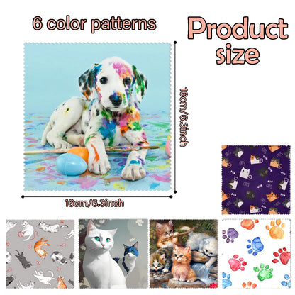BHAHB 6-Pack Microfiber Glasses Cleaning Cloths – Cat & Dog Patterns (6.3 x 6.3 in)