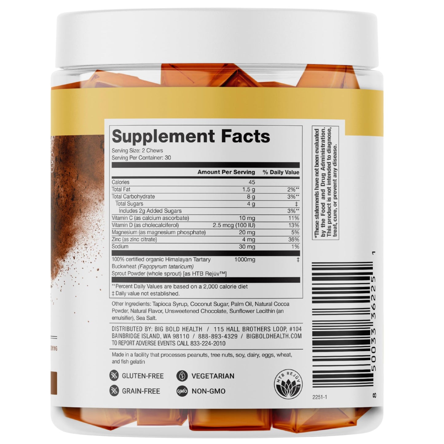 BIG BOLD HEALTH HTB Immune Energy Chews – Organic Tartary Buckwheat, Chocolate Flavor, Zinc & Vitamins (60 Chews)