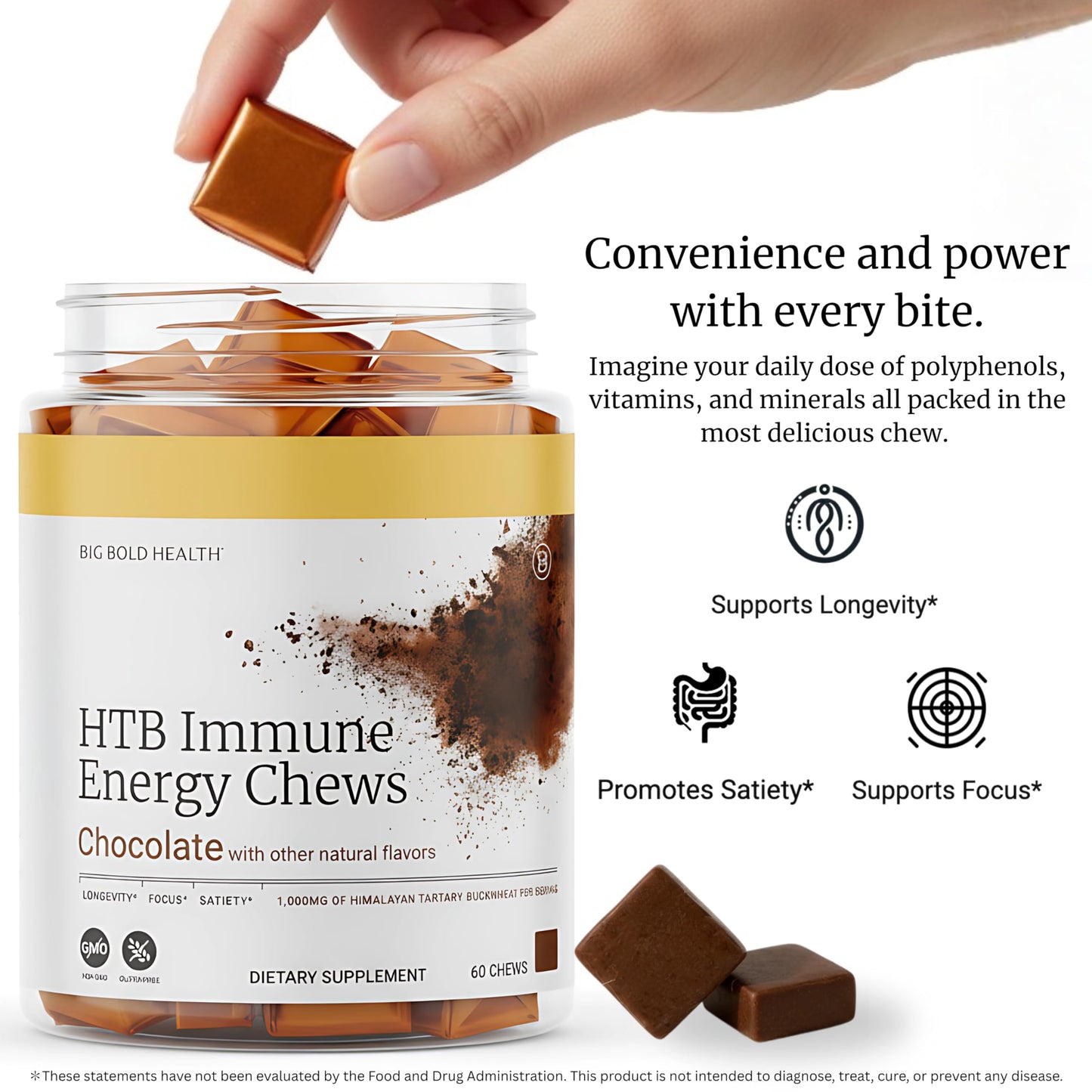 BIG BOLD HEALTH HTB Immune Energy Chews – Organic Tartary Buckwheat, Chocolate Flavor, Zinc & Vitamins (60 Chews)