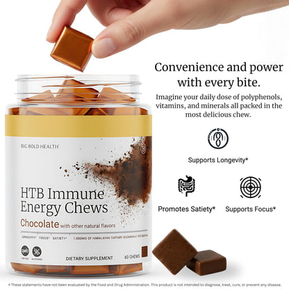 BIG BOLD HEALTH HTB Immune Energy Chews – Organic Tartary Buckwheat, Chocolate Flavor, Zinc & Vitamins (60 Chews)