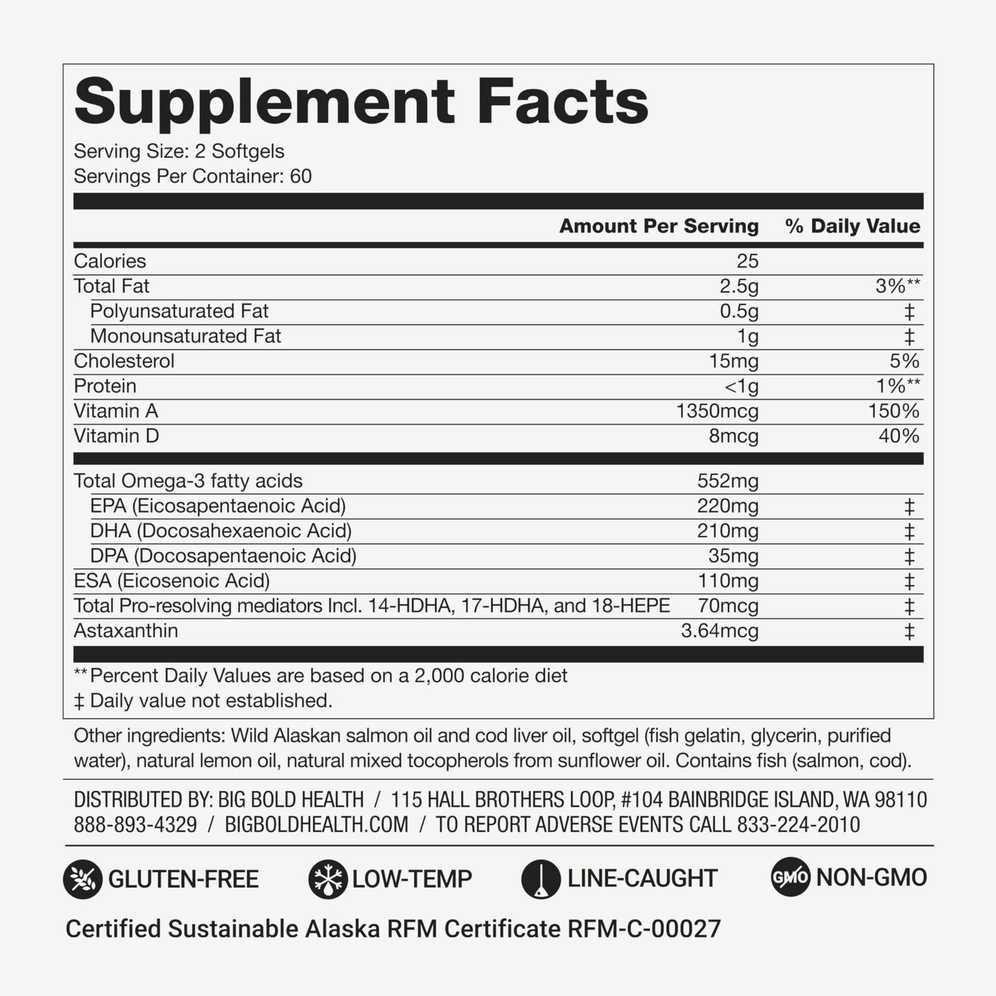 BIG BOLD HEALTH Omega-3 Rejuvenate – Wild Alaskan Fish Oil with PRMs (EPA, DHA, DPA) & Vitamins A & D (120 Softgels)