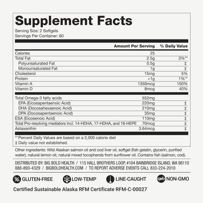 BIG BOLD HEALTH Omega-3 Rejuvenate – Wild Alaskan Fish Oil with PRMs (EPA, DHA, DPA) & Vitamins A & D (120 Softgels)
