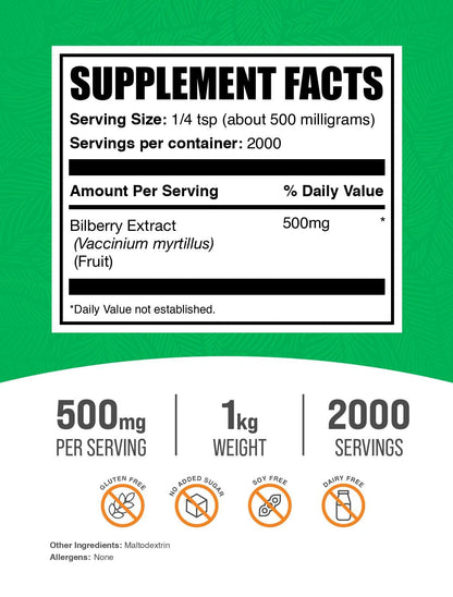 BulkSupplements Bilberry Extract Powder - 1kg, 500mg per Serving | Vegan & Gluten-Free