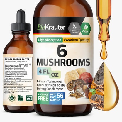 BIO KRAUTER 6 Mushrooms 6-in-1 Immunity Tincture - Lions Mane, Shiitake, Turkey Tail, Cordyceps, Reishi & Chaga | Vegan Drops 4 Fl Oz
