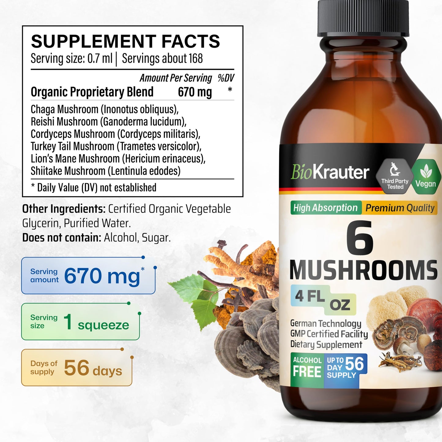 BIO KRAUTER 6 Mushrooms 6-in-1 Immunity Tincture - Lions Mane, Shiitake, Turkey Tail, Cordyceps, Reishi & Chaga | Vegan Drops 4 Fl Oz