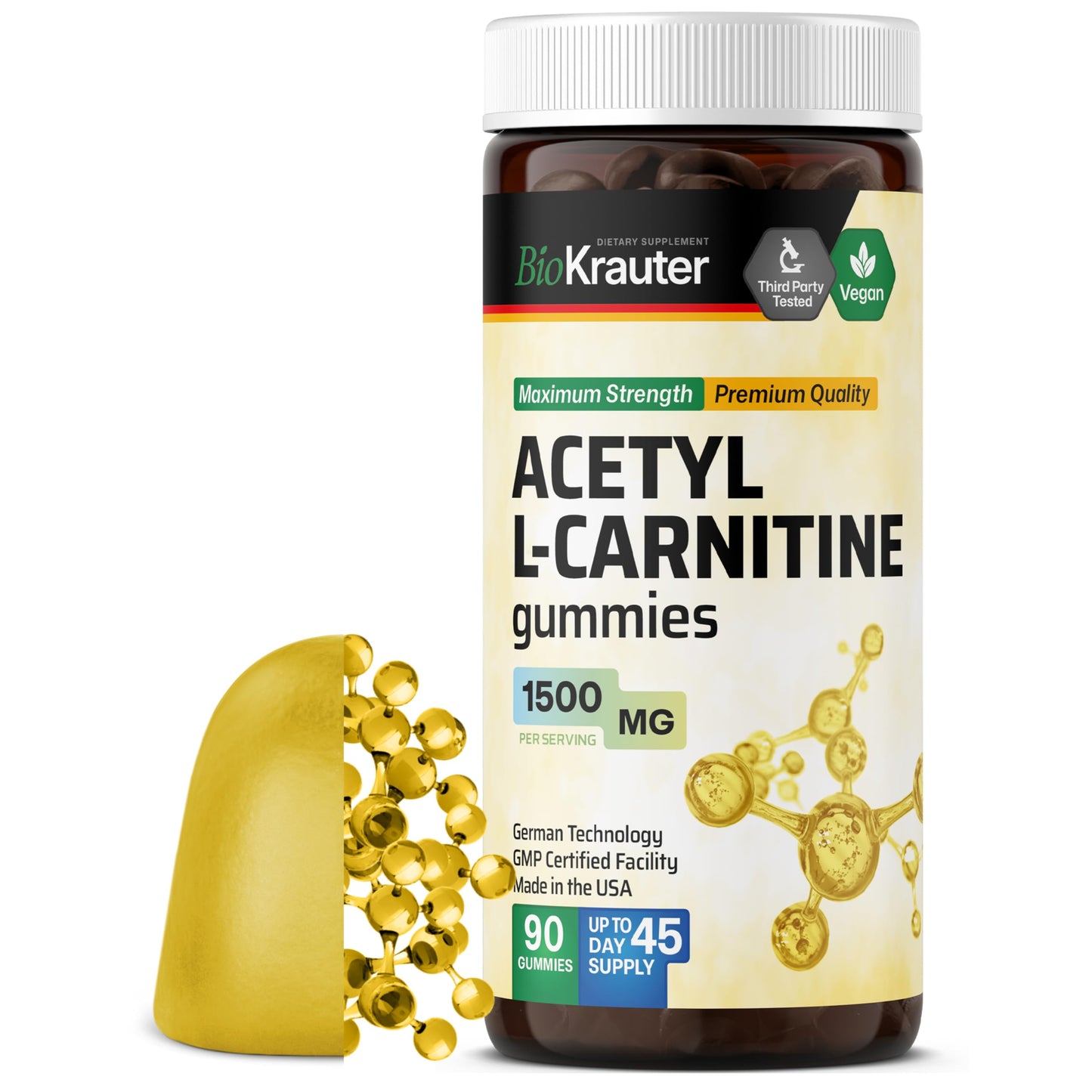 BIO KRAUTER Acetyl L Carnitine Gummies - 1500 mg - 90 Vegan Mango Chews - Pectin-Based, Non-GMO