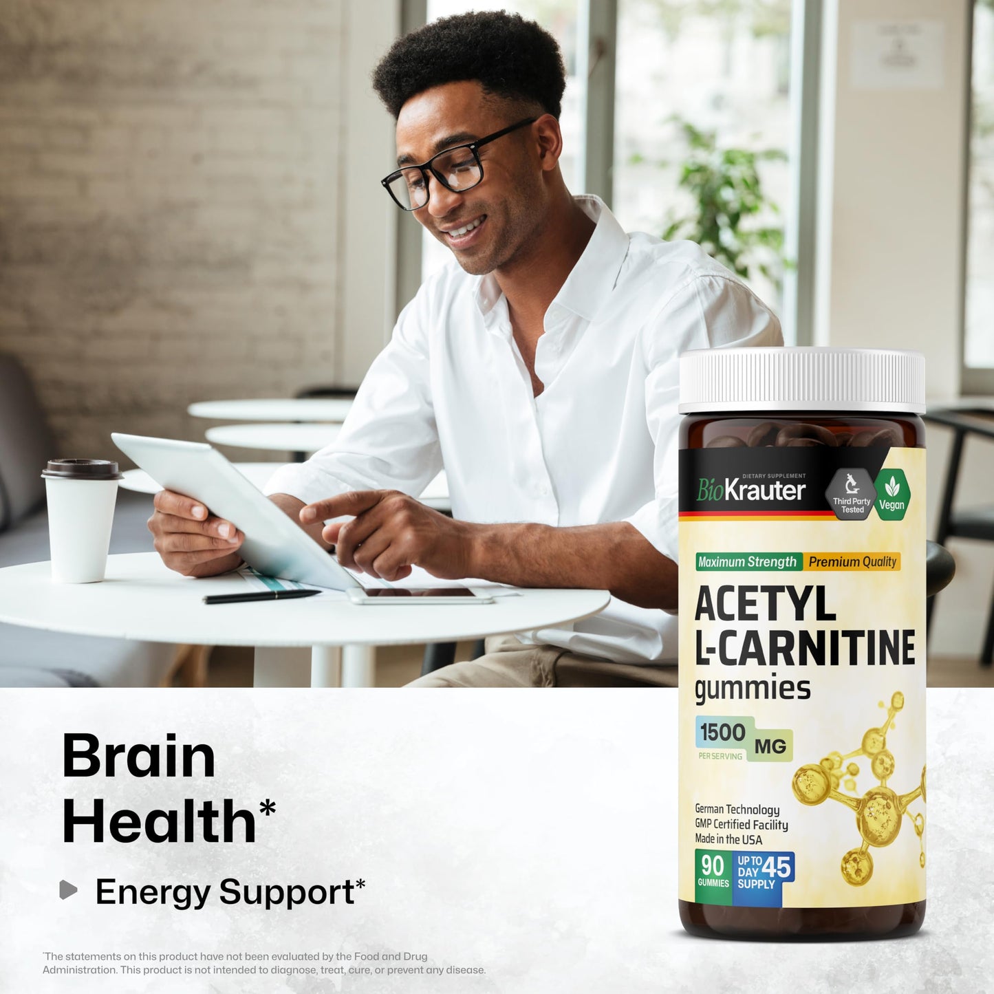 BIO KRAUTER Acetyl L Carnitine Gummies - 1500 mg - 90 Vegan Mango Chews - Pectin-Based, Non-GMO