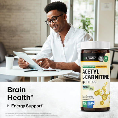 BIO KRAUTER Acetyl L Carnitine Gummies - 1500 mg - 90 Vegan Mango Chews - Pectin-Based, Non-GMO