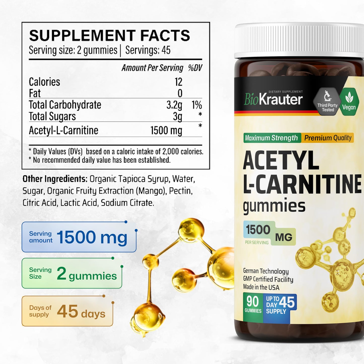 BIO KRAUTER Acetyl L Carnitine Gummies - 1500 mg - 90 Vegan Mango Chews - Pectin-Based, Non-GMO