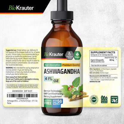 BIO KRAUTER Ashwagandha Liquid Drops – Calm Mood Support, Vegan, Alcohol & Sugar Free, 4 oz (Pack of 2)