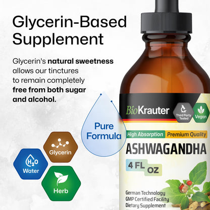 BIO KRAUTER Ashwagandha Liquid Drops – Calm Mood Support, Vegan, Alcohol & Sugar Free, 4 oz (Pack of 2)