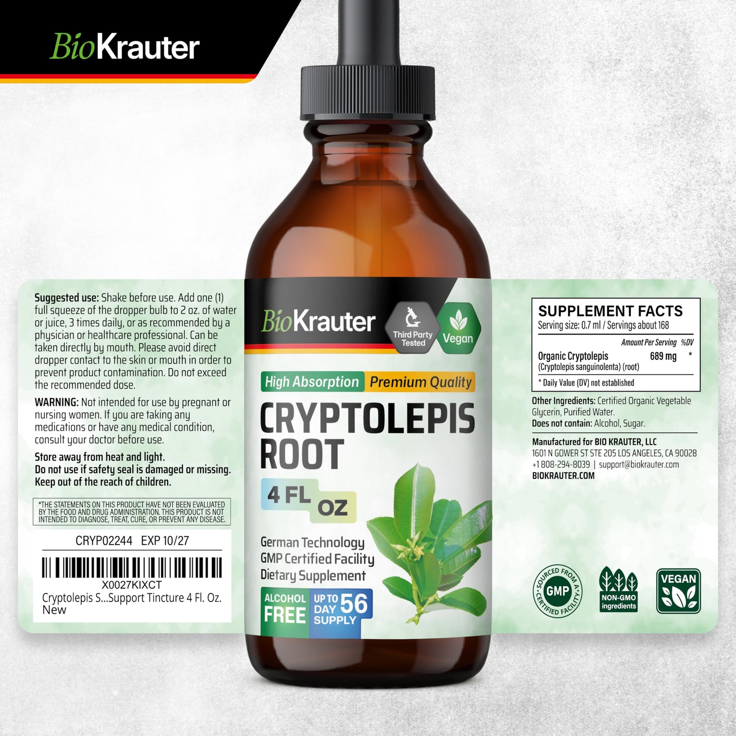 BIO KRAUTER Cryptolepis Sanguinolenta Extract - Vegan Immune Support Tincture, Alcohol & Sugar Free, 4 Fl Oz