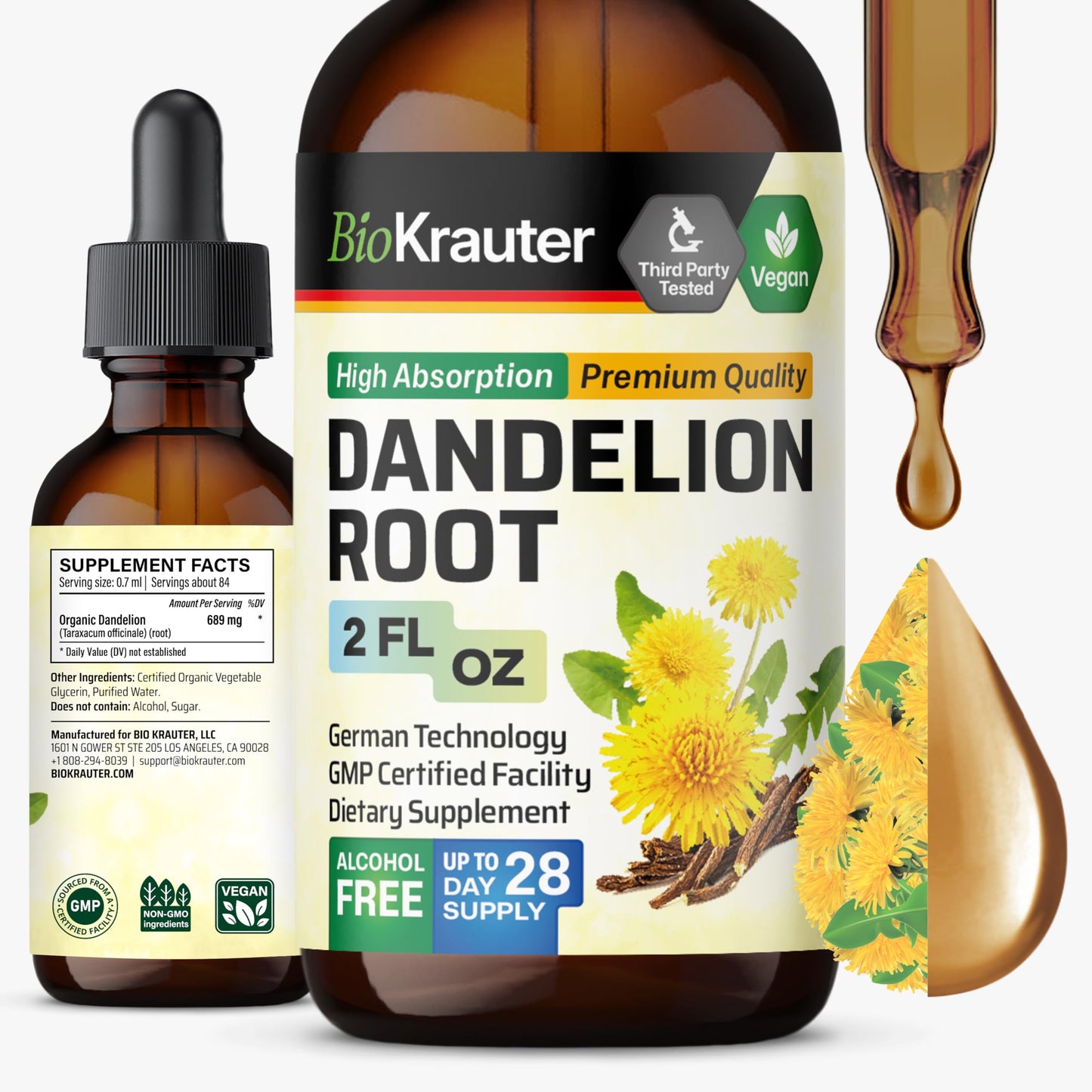 BioKrauter Dandelion Root Extract – Liquid 689 mg per Serving, 2 oz (28-Day) | Liver & Kidney Support, Vegan, Alcohol-Free
