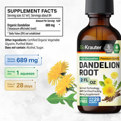 BioKrauter Dandelion Root Extract – Liquid 689 mg per Serving, 2 oz (28-Day) | Liver & Kidney Support, Vegan, Alcohol-Free