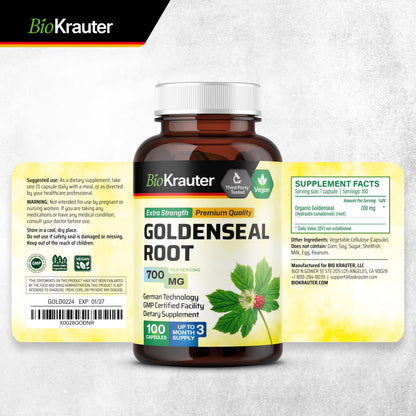 BIO KRAUTER Goldenseal Root Capsule 700 mg – 100 Vegan Golden Seal Capsules – Respiratory & Digestive Support
