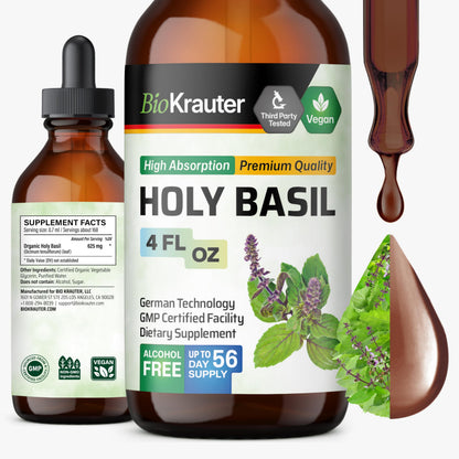 BIO KRAUTER Holy Basil Tincture – Tulsi Liquid Extract for Calm & Relaxation | Vegan, Alcohol-Free | 4 Fl Oz