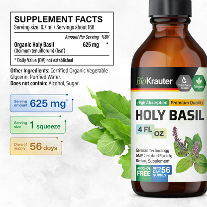 BIO KRAUTER Holy Basil Tincture – Tulsi Liquid Extract for Calm & Relaxation | Vegan, Alcohol-Free | 4 Fl Oz