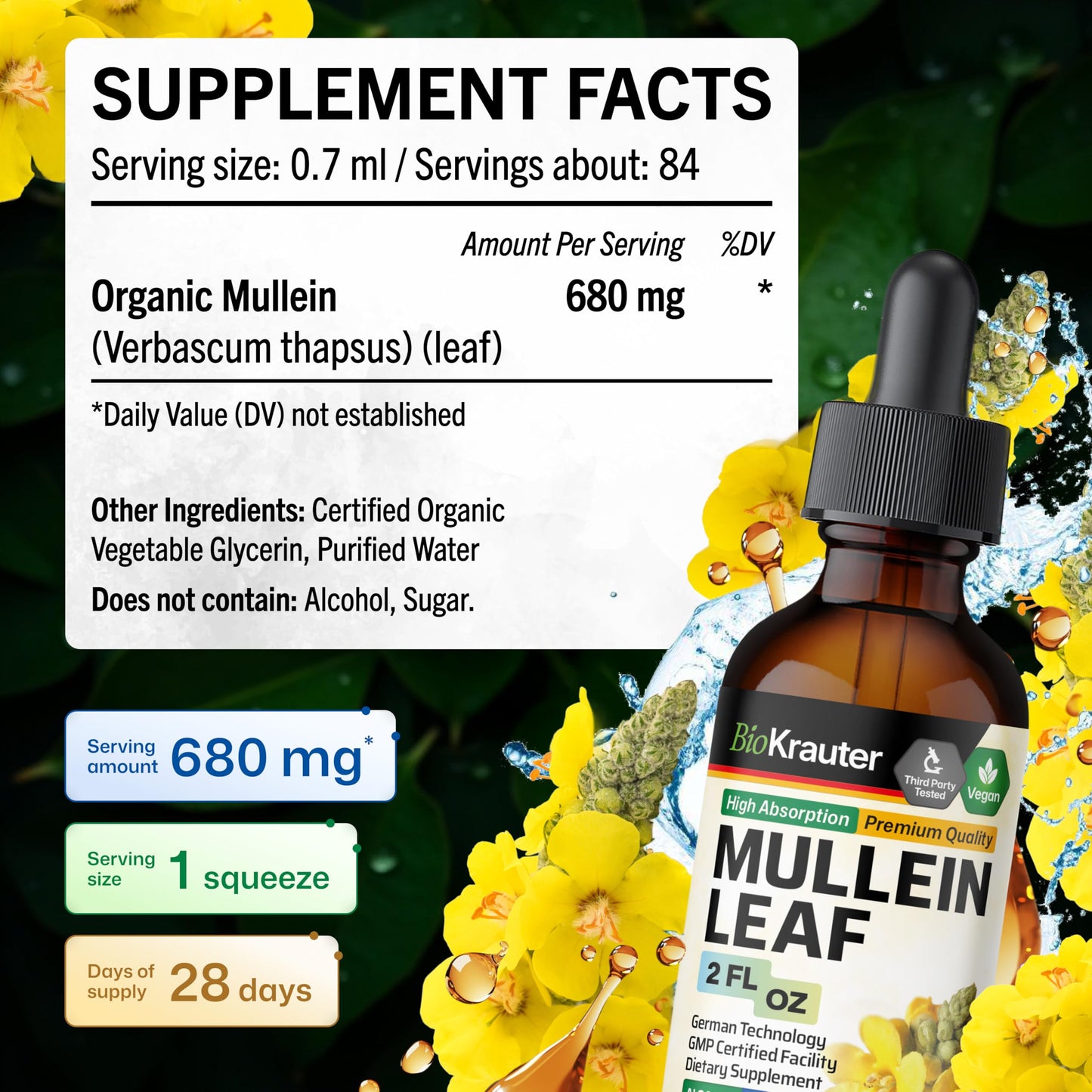 BIO KRAUTER Mullein Leaf Extract for Lungs 2 Fl. Oz - 28 Days of Supply - Pure Mullein Drops for Lung Cleanse & Detox - Vegan Respiratory Supplements - Non-GMO, No Sugar & Alcohol