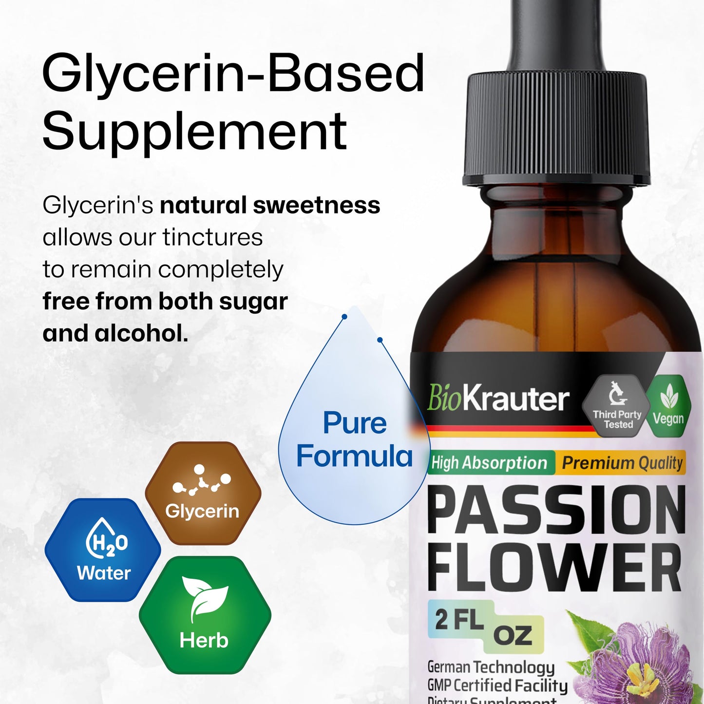 BIO KRAUTER Passionflower Tincture - Passion Flower Extract for Mood Support - Alcohol and Sugar Free - Vegan Drops 2 Fl.Oz.